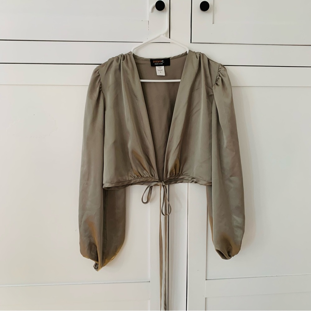 Renee C. Olive Green Satin Cropped Tie-Front Blouse